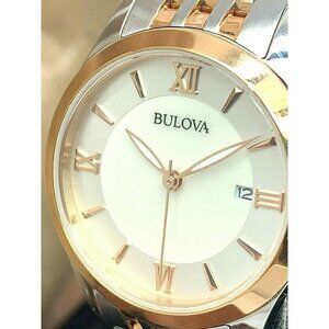 Bulova Women's Watch 98M125 Quartz White Mother of Pearl Dial Rose Gold Silver